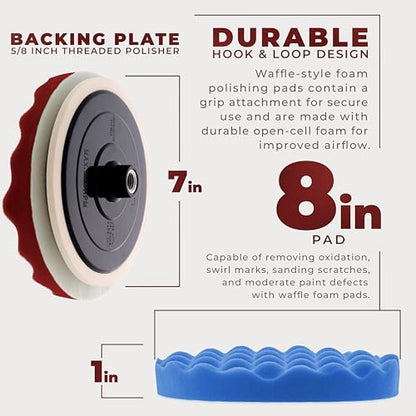 TCP Global Professional 3 Pad Buffing and Polishing Kit with 8 Inch Waffle Foam Pads for Car Detailing - Complete Polisher Buffing Pad Set with 5/8" Threaded Backing Plate