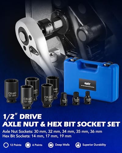 Orion Motor Tech 8pc 1/2" Drive Axle Nut Socket Set, Metric 12 Point CR-MO Axle Nut Impact Socket Set, Extra-Deep Spindle Axle Nut Sockets with Storage Case, 14mm 17mm 19mm, 30mm 32mm 34mm 35mm 36mm
