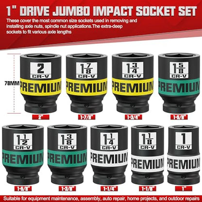 1" Drive Jumbo Impact Socket Set, SAE Axle Nut Sockets, 9-Piece (1-2 in.) Drive Deep Impact Socket Set, 6-Point, Cr-V Steel, Universal Hex Deep Socket Set with heavy Duty Storage Case - size: 1" 9pcs SAE