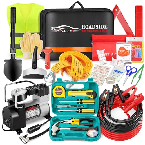 Car Emergency Roadside Kit,Vehicles Truck Road Side Safety Tool Kit with Air Compressor,Women Men Auto Winter Essentials Assistance Survival Kit with Jumper Cables First Aid Kit Blanket Shovel