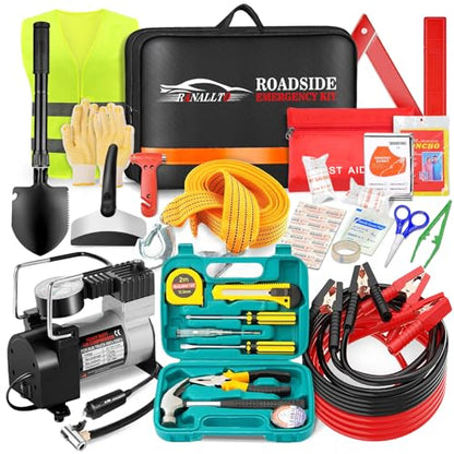 Car Emergency Roadside Kit,Vehicles Truck Road Side Safety Tool Kit with Air Compressor,Women Men Auto Winter Essentials Assistance Survival Kit with Jumper Cables First Aid Kit Blanket Shovel