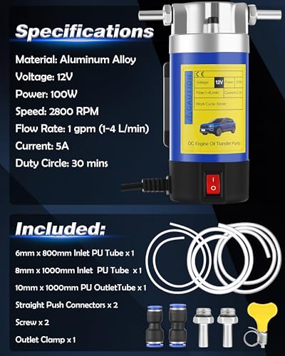 12V Oil Extractor Pump 100W, Engine Oil Extractor Pump for Oil Change, Self-Priming Oil Transfer Pump for Motor Oil, Transmission Fluid, Electric Fluid Transfer Pump for Car, Mower, Boat