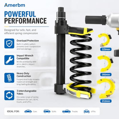Heavy Duty Macpherson Strut Spring Compressor Tool - Impact Wrench Compatible, Coil Spring Extractor Kit with Overload Protection & Safety Guard, 3 Interchangeable Forks for Car & UTV - style: Impact Wrench Rated