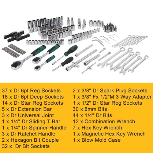 IDEALHOUSE 216 PCS Mechanic Tool Set with Case,Socket Wrench Set,1/4" 3/8" 1/2" Drive Socket Kit,72-Tooth Quick Release Ratchet, Specialty Tools for Home Automotive Repair