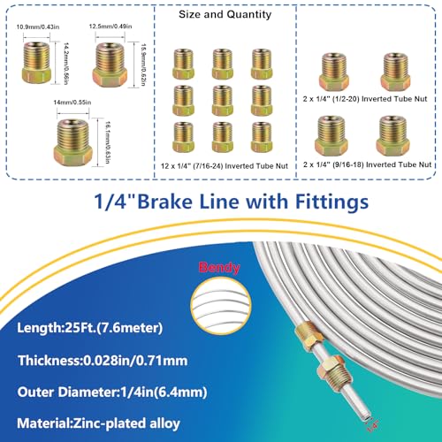 smseace 26Pack 1/4 Inch Brake line kit Includes 25FT Zinc-Plated Brake Lines with Fittings(16pcs Fittings,2pcs Union+4pcs Nut)，Brake line Bender，Single Flaring Tool，Pipe Cutter 1/4 Inch Brake Lines - color: Silver-A, size: 1/4inch