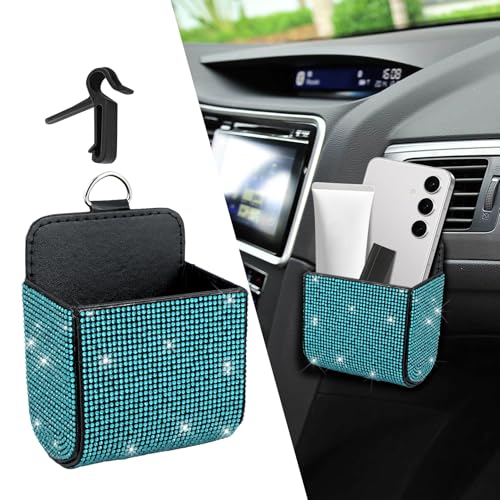 Car Vent Storage Organizer, Coin Holder for Car, Rhinestone Auto Vent Leather Pocket, Universal Car Accessories Bling Automotive Pouch Box with Hook Fit for Sunglasses, Key, Coin (Lake Blue) - color: Lake Blue