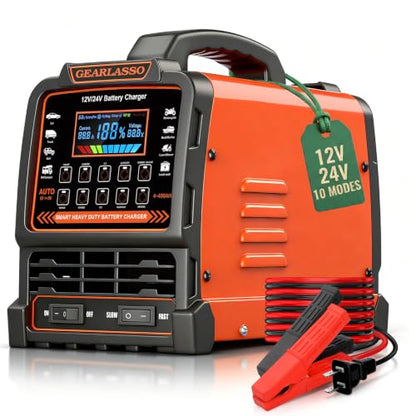 12V 24V Car Battery Charger Heavy Duty, 0-15A Automatic Battery Maintainer with Auto Shutoff, 10 Charging Modes incl. CV/CC & Strong Mode, Smart Trickle Charger for Car Truck Motorcycle RV