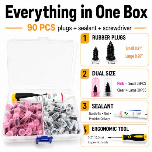 90 PCS Tire Repair Screws with Ergonomic Screwdriver & Sealant, 2026 New Heavy Duty Screw Tire Plug Kit，Flat Tire Repair Kit for Tubeless Tires on Cars, SUVs, Motorcycles, Trucks, ATVs & E-Bikes - size: 90PCS Kit