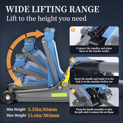 LARBANKE 2.5T Floor Jack, with Portable Carrying Handle and Reflective Strip, Lifting from 3.35" to 15.16", Low Profile Hydraulic Single Piston Quick Lift Pump, Blue