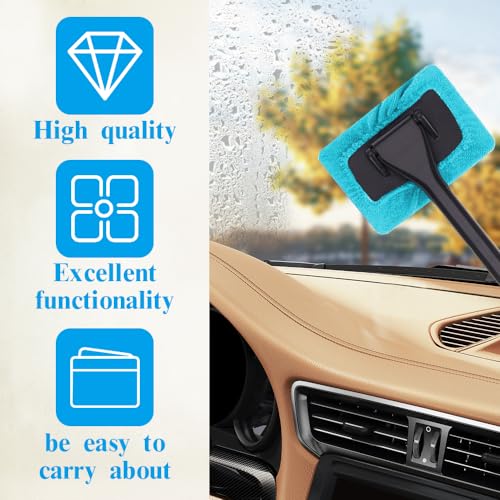 Car Window Cleaner, Car Windshield Cleaner Tool, Windshield Cleaner Inside with Extendable Handle and 4PCS Washable Reusable Cloth Pad, Car Tools Universal Auto Wiper Cleaning - color: Light blue