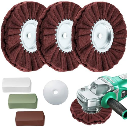 Tallew 7 Pcs 8" Airway Buffing Wheel Kit in Diameter 5/8" in Arbor Hole, Aluminum Metal Polishing Wheel and Polishing Compound for Angle Grinder Mirror Finish (Brown) - color: brown, green and white