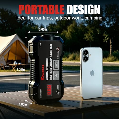 2000A Car Battery Jump Starter – Portable Jump Box for 8.0L Gas & 6.5L Diesel Engines, 12V Lithium Power Bank with USB Ports, Jumper Cables, 3-Mode LED Light – Roadside Emergency Kit
