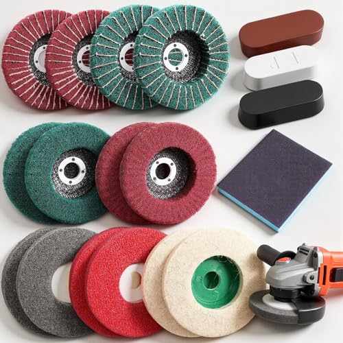 18 Pack 4 Inch Buffering Wheels Polishing Kit with Compound for Angle Grind | Includes 14 Pcs Nylon Fiber Flap Disc & Wool Felt Polishing Wheel, 3 Pcs Buffing Compounds and Sanding Sponge
