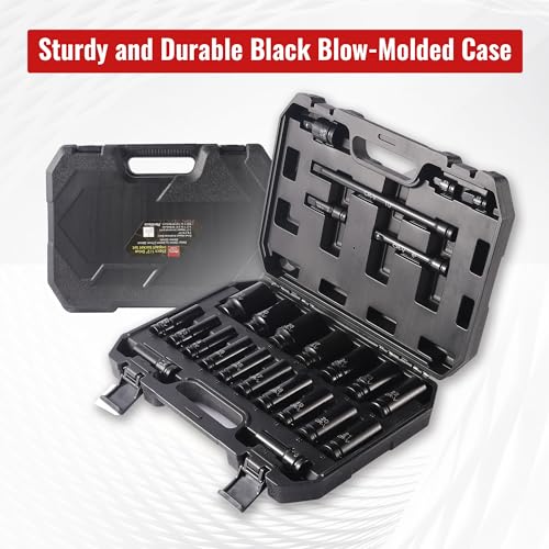 Reniteco 25-Piece 1/2" Drive Socket Set, Metric(10mm-32mm), Deep Sockets, Extension Bars, 1/2" F to 3/8" M Reducer,3/8" F to 1/2" M Reducer, Universal Joint, 6 Point Design, Cr-V - size: 1/2" 25 PCS Metric