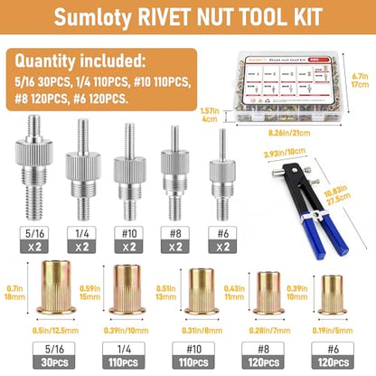 Rivet Nut Tool Kit, 490PCS SAE Nutsert Assortment with Hand Rivet Nut Setter, #6-32, #8-32, #10-24, 1/4-20, 5/16-18 Threaded Inserts, Portable Case for Automotive & DIY Repairs - size: SAE 490PCS Carbon Steel Rivet Nut Tool Kit