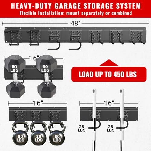 Garage Tool Organizer Wall Mount, Easy to 48inch Install Heavy-Duty Garage Storage System with 7 Adjustable Hooks, Garden Tool Rack for Shovels, Rakes, Yard Tools - size: 48" System - 7 Piece Set