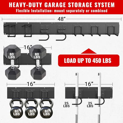 Garage Tool Organizer Wall Mount, Easy to 48inch Install Heavy-Duty Garage Storage System with 7 Adjustable Hooks, Garden Tool Rack for Shovels, Rakes, Yard Tools - size: 48" System - 7 Piece Set
