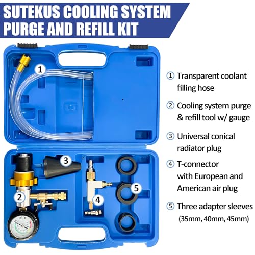 Sutekus Coolant System Refiller Kit Cooling System Vacuum Purge Radiator Coolant Refill Tool Vacuum Fill Coolant Tool with 4 Sizes Adapters for Car Van SUV Truck