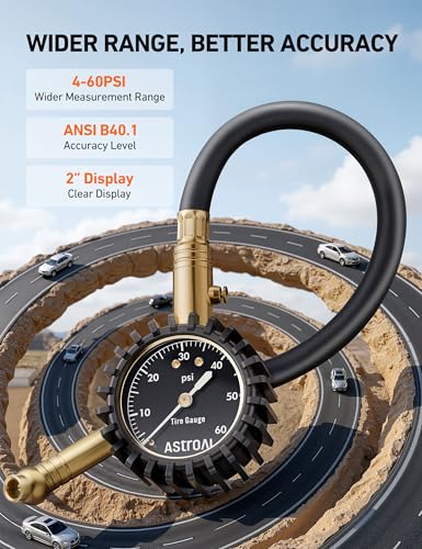 AstroAI Tire Pressure Gauge for Cars with Large 2" Dial, Solid Brass with Rubber Hose, Air Bleeder Valve, ANSI B40.1, 0-60PSI - size: 0-60PSI