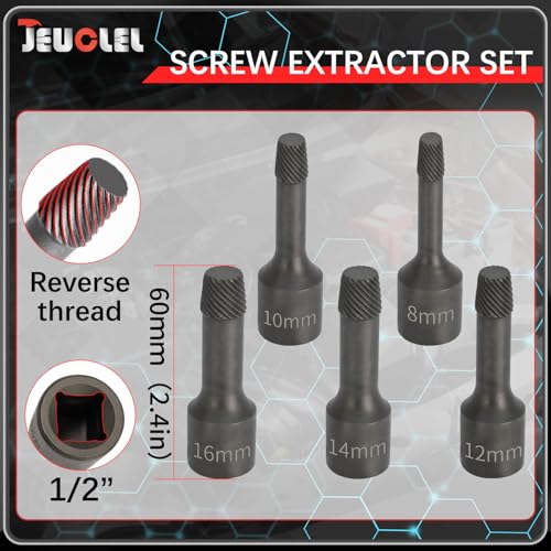5PCS 1/2” Drive Impact Wedge Proof Extractor Set, Bolt Extractor | 8mm, 10mm, 12mm, 14mm, 16mm Socket, Easy Out Bolt Remover Kit, Damaged, Spiral, Rusted, Strip, Stripped, Wedge Components - color: Long 5pcs Wedge Proof Extractor