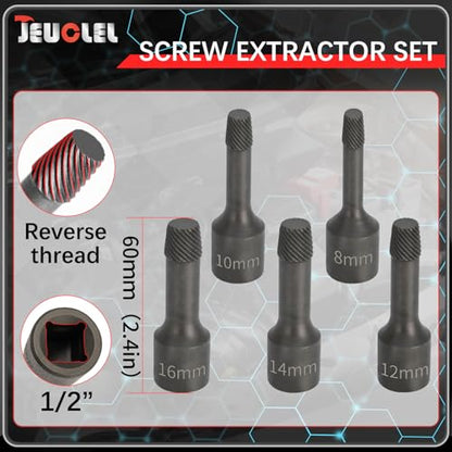 5PCS 1/2” Drive Impact Wedge Proof Extractor Set, Bolt Extractor | 8mm, 10mm, 12mm, 14mm, 16mm Socket, Easy Out Bolt Remover Kit, Damaged, Spiral, Rusted, Strip, Stripped, Wedge Components - color: Long 5pcs Wedge Proof Extractor