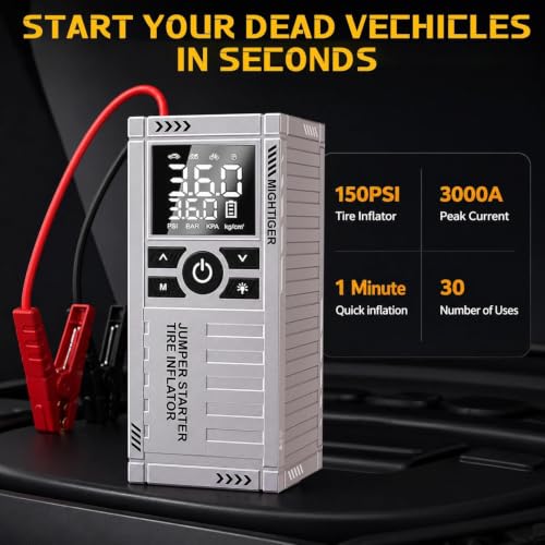 3000A Car Battery Jump Starter with Air Compressor - 150PSI Portable Car Jump Starters (Gas4.5L/3.5L Diesel) with Tire Inflator, 12V Car Battery Jump Box with Jumper Cables, LCD Display - style: 750A