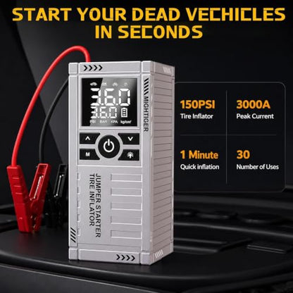 3000A Car Battery Jump Starter with Air Compressor - 150PSI Portable Car Jump Starters (Gas4.5L/3.5L Diesel) with Tire Inflator, 12V Car Battery Jump Box with Jumper Cables, LCD Display - style: 750A