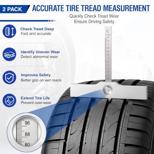 Hicarer 2 Pack 7 Inch Tire Tread Depth Gauge, Aluminum Mechanical Tire Tread Measurement Tool for Auto Repair Shops, Fleet Maintenance, Used Vehicle Inspection, Heavy Duty Tire-Depth Checker