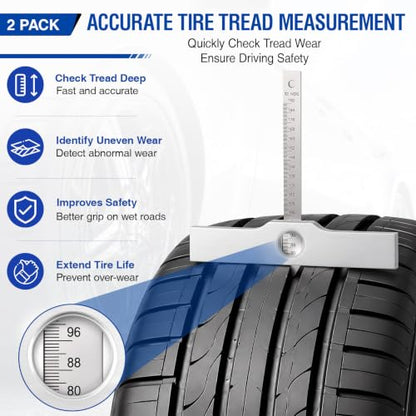 Hicarer 2 Pack 7 Inch Tire Tread Depth Gauge, Aluminum Mechanical Tire Tread Measurement Tool for Auto Repair Shops, Fleet Maintenance, Used Vehicle Inspection, Heavy Duty Tire-Depth Checker