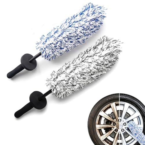 Wheel Barrel Cleaning Brush,2026 New Long Handle Microfiber Wheel Brush Car Duster,Lightweight Rim Detailing Tool for Narrow Spokes & Brake Calipers (Black+Blue Brush) - color: Black+Blue Brush