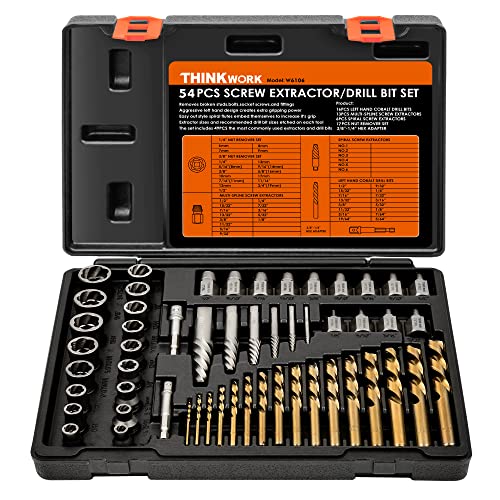 THINKWORK Broken Bolt Extractor Kit, 54 Pieces Easy Out Screw Extractor Set, Lug Nut Removal Tool with Left Hand Drill Bit Set for Removing Damaged, Frozen, Rusted, Rounded-Off Bolts, Nuts & Screws | for Damaged, Rusted, Rounded-Off, Stripped Fasteners, 6