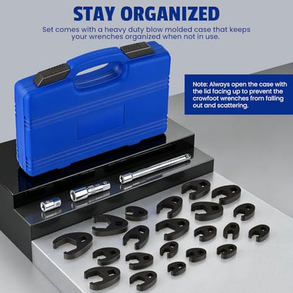 Lichamp 3/8" Drive Crows Foot Wrench Set, 24-Piece Flare Nut Crowfoot Wrench Set with Adapter & 2 Extension Bars