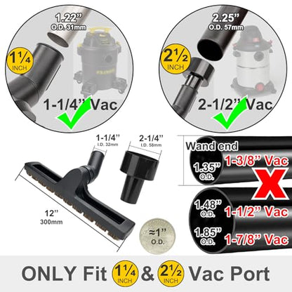 Hardwood Brush Vacuum Attachment for 1 1/4" 2 1/2" Shopvac Wet Dry Vacs, Horsehair Bristles Parquet Nozzle, 12" Shop Vac Floorhead Accessory (1.25" Hard Floor Head & 2.5" Vac Hose Adapter)