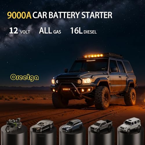 9000A Car Battery Charger Jump Starter with Air Compressor, 150PSI Tire Inflator Air Pump(All Gas/16L Diesel),12V Jump Box Car Battery with Smart Jumper Cables, LCD Display, Portable Power Pack
