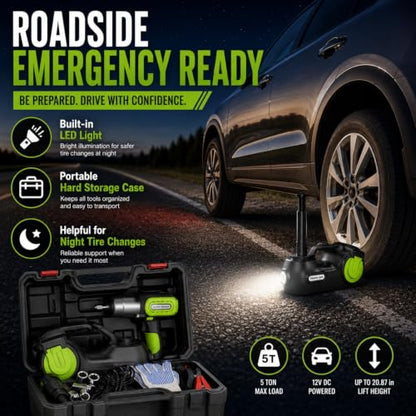 Electric Car Jack Kit 5 Ton 12V with Wrench and Tire Inflator (Black Green) | C model, 20.87 in lift, hydraulic jack, impact wrench, tire inflator, LED light, hard case