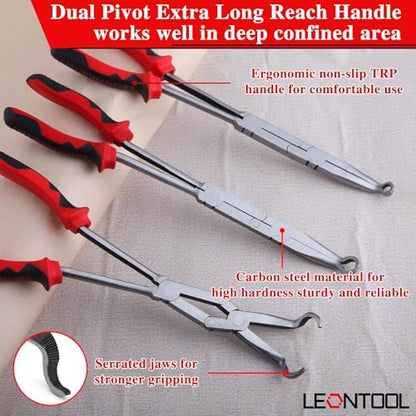 3PCS Extra Long Nose Hose Grip Pliers Set 13" Spark Plug Remeover Pliers Long Reach XL Pivot Ring Nose Plier Double Joint Ring Nose Plier with Serrated Jaw for Hard to Reach Narrow Spaces - style: 3PCS Ring Nose