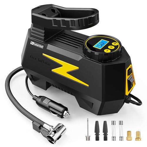 FADAKWALT Tire Inflator Portable Air Compressor, 12V DC Car Air Pump with Auto Shutoff, 150 PSI Digital Gauge, LED Light, Metal Valve Connector, Accessories for Cars, Yellow - color: Yellow