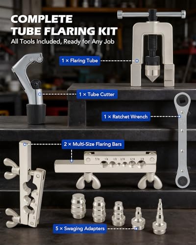OMT Single Flaring Tool & Swaging Tool Kit for HVAC Tubing, 1/8"-3/4" | 45-degree single flares, tube cutter, ratchet wrench, 5 swaging adapters, zinc-plated steel, for copper aluminum soft metals