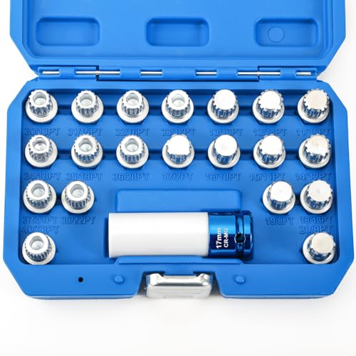 21pcs Anti-Theft Wheel Lock Lug Nut Remover Tool Kit, Automotive Wheel Nuts Screw Removal Key Socket Set with 1/2" Square Drive Adapter