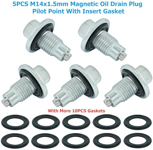5PCS M14x1.5 Magnetic Oil Drain Plug Pilot Point With Insert Gasket fit for Ford, Chrysler, Dodge, Jeep, Ram, Jaguar, Land Rover, Chevrolet 6507741AA, F6TZ-6730-BA, 65324, 090-161, 090-938CD, 090-115