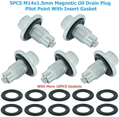 5PCS M14x1.5 Magnetic Oil Drain Plug Pilot Point With Insert Gasket fit for Ford, Chrysler, Dodge, Jeep, Ram, Jaguar, Land Rover, Chevrolet 6507741AA, F6TZ-6730-BA, 65324, 090-161, 090-938CD, 090-115