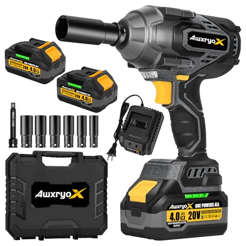 AwxryoX 1700Nm Impact Wrench, 20V 1254Ft-lbs Brushless Impact Gun with 2x4.0Ah Battery, 1/2" High Torque Pistola De Impacto with 6 Socket, Electric Impact Llave Driver for Truck/Mower/Car/Industrial