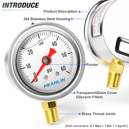 MEANLIN MEASURE 0~60Psi Stainless Steel 1/8" NPT 1.5" FACE DIAL, Glycerin Filled Pressure Gauge, Liquid Filled, Water Oil Air, Lower Mount, with 1/4" NPT and 3/8" NPT Hex Bushing - size: 0-60Psi