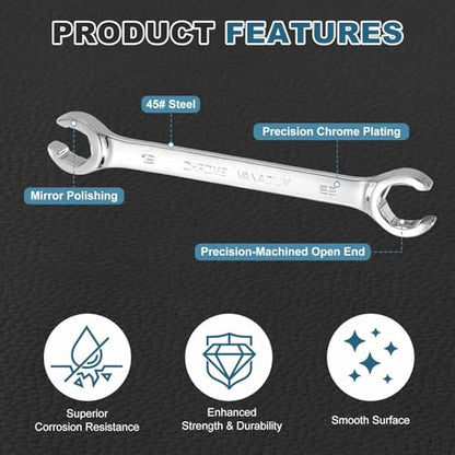 HARFINGTON 2 Pcs Flare Nut Wrench 19mm x 22mm Metric Double Open End Thick Spanner Mirror Polish Finish 45# Steel Brake Line Wrench For Fuel Tube Hose Transmission Line, Silver - size: 19mm x 22mm
