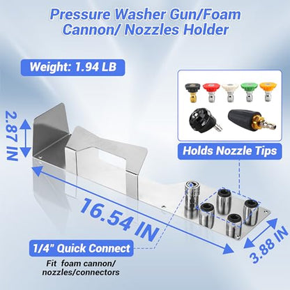 FIXFANS Pressure Washer Gun Holder, Wall Mounted Foam Cannon Tool Organizer | Power Washer Snow Foam Lance Tool Organizer, Nozzle Tips and Car Wash Accessories Kit Storage Rack, 1/4" Quick Connect - size: 2.87 ×16.54 × 3.88 INCH