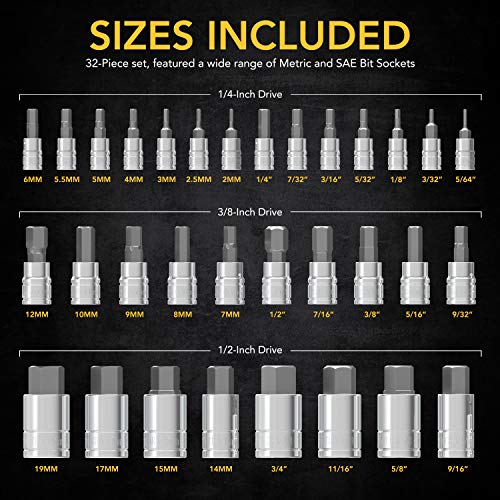 LEXIVON Premium Master HEX Bit Socket Set, Complete 32-Piece, SAE and Metric Set + Premium Master Torx Bit and Socket Set, 25-Piece, Bit Socket T8-T60 & E-Torx E4-E22