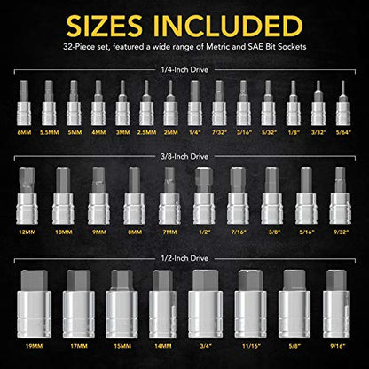 LEXIVON Master HEX Bit Socket Set, Premium S2 Alloy Steel | Complete 32-Piece, SAE and Metric Set | Enhanced Storage Case (LX-144) - style: HEX 32pc