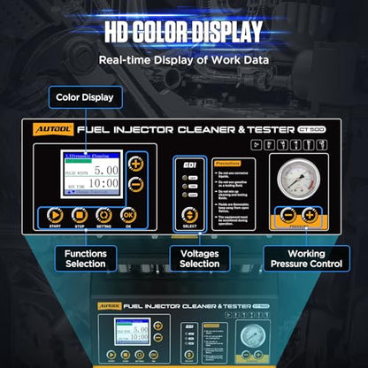 AUTOOL Fuel Injector Cleaner and Tester Machine, Ultrasonic Fuel Injection Cleaner 6 Cylinder for GDI, EFI, FSI, 12V/70V/120V, Color Display, 67.63oz Cleaning Tank, 3 Cleaning Functions 12 Test Modes