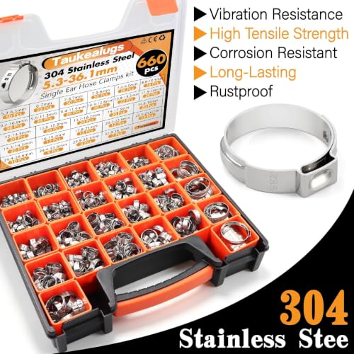 660Pcs 26 Sizes Single Ear Hose Clamps Kit,304 Stainless Steel 5.3-36.1mm Stepless Constant Tension Clamps for Fuel Line, Coolant Hose, PEX Plumbing, Irrigation & AC Hose Clamp - size: 660PCS