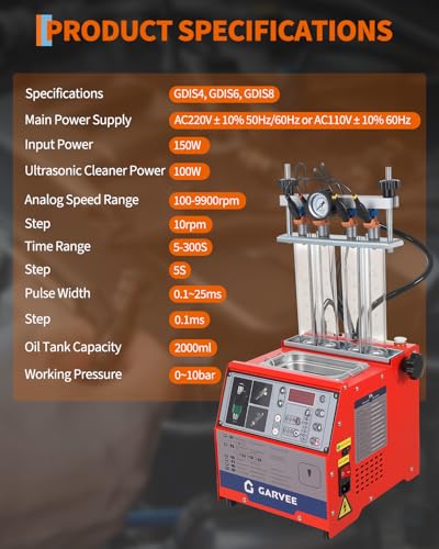 Garvee Fuel Injector Cleaner Tester 4-Cylinder 11 Test Modes 12V, Ultrasonic Injection Cleaning Machine with Adjustable Pressure (0-10 bar) & Pulse Width (0.1-25ms), Resistance Test, Digital Display - size: 4-Cylinder Model， 1-in-1